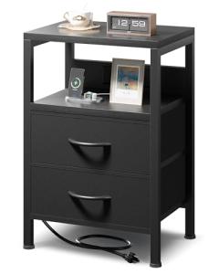 Lazzanto NightStand Bedside Charging Table Bedroom - Night Stand with Charger Station, Modern Nightstand with Open Shelf & 2 Fabric Drawers, Bed Side Table with USB-C Port for Dorm, Black