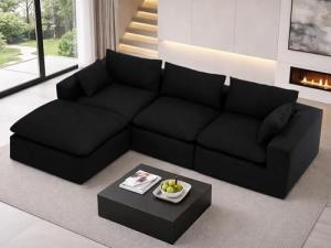 VIKAYAMICS 127" Modular Sectional Cloud Couch with Deep Seat & High-Resilience Foam, Black Upholstered Chenille Sofa, No Assembly Required