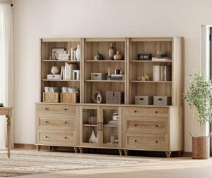 WAMPAT Oak Bookcase with Drawers & Glass Doors Set of 3, 5 Tier Bookshelf, 72'' Tall Book Case Shelf, Large Wood Bookcases Farmhouse Bookshelves for Living Room Bedroom Home Office Kitchen