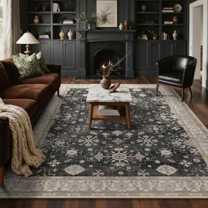 GENIMO 8x10 Area Rugs for Living Room,Machine Washable Non-Slip Vintage Rug, Low Pile Lightweight Carpet for Bedroom, Dining Room, Home Office, Stain & Fade Resistant,Black