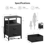 Lazzanto NightStand Bedside Charging Table Bedroom - Night Stand with Charger Station, Modern Nightstand with Open Shelf & 2 Fabric Drawers, Bed Side Table with USB-C Port for Dorm, Black