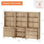 WAMPAT Oak Bookcase with Drawers & Glass Doors Set of 3, 5 Tier Bookshelf, 72'' Tall Book Case Shelf, Large Wood Bookcases Farmhouse Bookshelves for Living Room Bedroom Home Office Kitchen