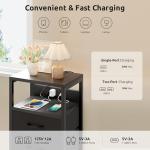 Lazzanto NightStand Bedside Charging Table Bedroom - Night Stand with Charger Station, Modern Nightstand with Open Shelf & 2 Fabric Drawers, Bed Side Table with USB-C Port for Dorm, Black