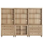 WAMPAT Oak Bookcase with Drawers & Glass Doors Set of 3, 5 Tier Bookshelf, 72'' Tall Book Case Shelf, Large Wood Bookcases Farmhouse Bookshelves for Living Room Bedroom Home Office Kitchen