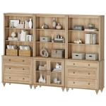 WAMPAT Oak Bookcase with Drawers & Glass Doors Set of 3, 5 Tier Bookshelf, 72'' Tall Book Case Shelf, Large Wood Bookcases Farmhouse Bookshelves for Living Room Bedroom Home Office Kitchen