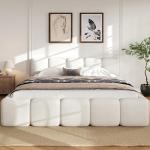 Merax King Size Boucle Platform Bed with Thick Headboard and Footboard, Block Style Upholstery Floor Bed Frame, White