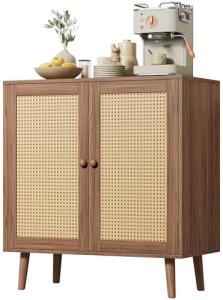 Huuger Buffet Cabinet with Storage, Storage Cabinet with Synthetic Rattan Decor Doors, Accent with Solid Wood Feet, Sideboard for Hallway, Entry, Living Room, Walnut