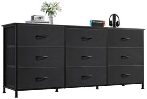 WLIVE 54''W Dresser for Bedroom, Black Dresser TV Stand for 55, 60, 65 inch TV, Wide Chest of Drawers with 9 Drawer, Large Entertainment Center, Fabric Dressers with Wood Top for Closet, Living Room