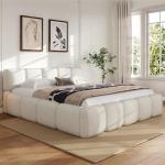 Merax King Size Boucle Platform Bed with Thick Headboard and Footboard, Block Style Upholstery Floor Bed Frame, White