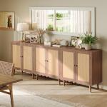 Huuger Buffet Cabinet with Storage, Storage Cabinet with Synthetic Rattan Decor Doors, Accent with Solid Wood Feet, Sideboard for Hallway, Entry, Living Room, Walnut