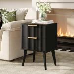 YAUKOMEL Black Night Stand,Modern Bedside Table,Small Nightstand with 2 Drawers,Fluted Side Table with Wood Legs,Mid Century End Table for Bedroom,Small Space,Black 11.8" D x 16" W x 22.4" H CTG55BK