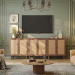 Huuger Buffet Cabinet with Storage, Storage Cabinet with Synthetic Rattan Decor Doors, Accent with Solid Wood Feet, Sideboard for Hallway, Entry, Living Room, Walnut