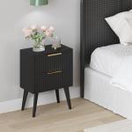 YAUKOMEL Black Night Stand,Modern Bedside Table,Small Nightstand with 2 Drawers,Fluted Side Table with Wood Legs,Mid Century End Table for Bedroom,Small Space,Black 11.8" D x 16" W x 22.4" H CTG55BK