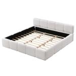 Merax King Size Boucle Platform Bed with Thick Headboard and Footboard, Block Style Upholstery Floor Bed Frame, White