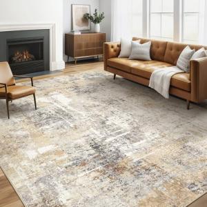 Area Rug Living Room Rugs: 5x7 Washable Large Abstract Modern Soft Stain Resistant Indoor Floor Non Slip Accent Carpet for Bedroom Nursery Playroom Dining Room Office Dorm Home House- Gray Gold
