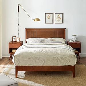 MUSEHOMEINC Mid-Century Modern Solid Wooden Platform Bed with Adjustable Height Headboard for Bedroom,Queen Size Wooden Bed Frame with Headboard,Wood Slat Support & No Box Spring Needed
