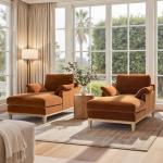 Burnt Orange Velvet Chaise Lounge Chair Modern Farmhouse Style Comfortable Seating For Living Room Or Bedroom Home Leisure Use