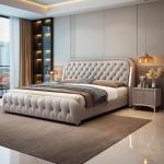 Top-grain Leather Double Bed Soft Backrest Headboard Bed 2 People King Size Frame Bedside Table Nordic Design Bedroom Furniture