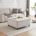Tbfit Large Square Storage Ottoman Bench, Tufted Upholstered Coffee Table with Lift Top & Solid Wood Legs, Oversized Storage Ottomans Toy Box for Living Room (Beige)