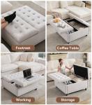 Tbfit Large Square Storage Ottoman Bench, Tufted Upholstered Coffee Table with Lift Top & Solid Wood Legs, Oversized Storage Ottomans Toy Box for Living Room (Beige)