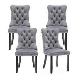 Hixkol Velvet Dining Chairs Set of 4,Upholstered Dining Chairs with Ring Pull Trim and Button Back,Modern Seating for Kitchen, Bedroom & Living Room(Grey)