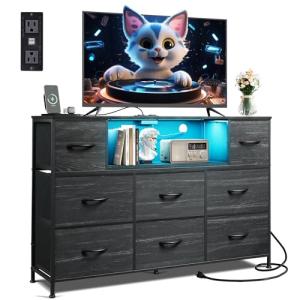 WLIVE Black Dresser TV Stand for 45, 50, 55 inch TV, Entertainment Center with LED Lights & Charging Station, Chest of Drawers with 8 Fabric Drawers and Open Shelves for Living Room, Hallway, Wood Top