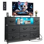 WLIVE Black Dresser TV Stand for 45, 50, 55 inch TV, Entertainment Center with LED Lights & Charging Station, Chest of Drawers with 8 Fabric Drawers and Open Shelves for Living Room, Hallway, Wood Top