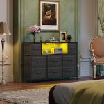 WLIVE Black Dresser TV Stand for 45, 50, 55 inch TV, Entertainment Center with LED Lights & Charging Station, Chest of Drawers with 8 Fabric Drawers and Open Shelves for Living Room, Hallway, Wood Top