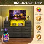 WLIVE Black Dresser TV Stand for 45, 50, 55 inch TV, Entertainment Center with LED Lights & Charging Station, Chest of Drawers with 8 Fabric Drawers and Open Shelves for Living Room, Hallway, Wood Top