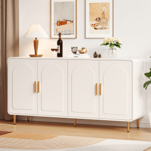 60" Sideboard Buffet Cabinet with Storage, Curved Design Cabinet with 4 Doors & Adjustable Shelves Modern Console Table