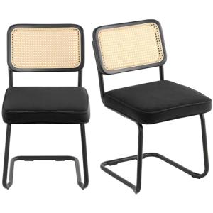 VEVOR Rattan Dining Chairs Set of 2, Mid Century Modern Dining Chair, Upholstered Velvet Accent Chair with Rattan Back, Retro Dining Room Kitchen Chair for Living Room, Bedroom(18.1 Inch)