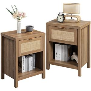 SICOTAS Rattan Nightstands Set of 2 - Farmhouse Night Stand with Drawer and Storage Shelf - Boho Bedside Table End Side Table for Bedroom, Oak