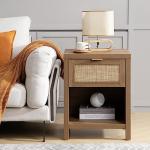 SICOTAS Rattan Nightstands Set of 2 - Farmhouse Night Stand with Drawer and Storage Shelf - Boho Bedside Table End Side Table for Bedroom, Oak