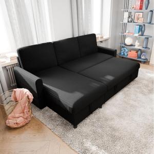 Compact Linen L-Shaped Sofa Bed with Storage, Black, Ideal for Living Rooms and Apartments
