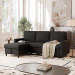 Compact Linen L-Shaped Sofa Bed with Storage, Black, Ideal for Living Rooms and Apartments