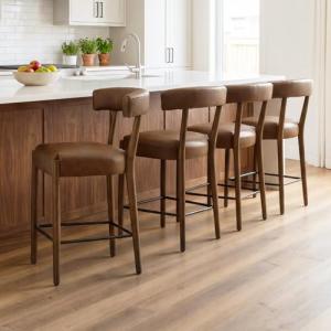 DM Furniture 26.5" Bar Stools Set of 4, Modern Faux Leather Counter Height Barstools with Curved Back and Rubberwood Frame Upholstered Kitchen Stool for Kitchen Island, Bar Pub, Brown