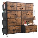 WLIVE Fabric Dresser for Bedroom with 10 Drawers, Chest of Drawers with Side Pockets and Hooks, Sturdy Metal Frame, Drawers Organizer Unit for Living Room, Hallway, Rustic Brown Wood Grain Print