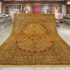 305x427cm Handknotted Silk Rug Oversized Yellow French Style Bedroom Carpet