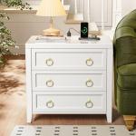 Huuger 23.6 Inch Night Stand with Charger Station and USB-C Port, 3 Drawer Nightstand, Larger Wider Bedside Table, Modern Side End Table, for Bedroom, White Nightstand