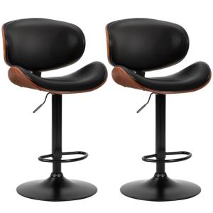 DUMOS Swivel Bar Stools Set of 2, Adjustable Counter Height Bentwood BarStools, PU Leather Upholstery Bar Chair with Ergonomic Back and Footrest, Counter Stools for Bar, Home Kitchen Island, Black