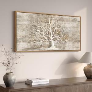 Framed Vintage Tree of Life Wall Art, Neutral Rustic Farmhouse Tree Canvas Painting Print Artwork for Walls, Gray White Beige Modern Abstract Forest Picture for Living Room Bedroom Office Wall Decor