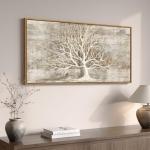 Framed Vintage Tree of Life Wall Art, Neutral Rustic Farmhouse Tree Canvas Painting Print Artwork for Walls, Gray White Beige Modern Abstract Forest Picture for Living Room Bedroom Office Wall Decor