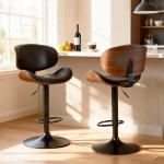 DUMOS Swivel Bar Stools Set of 2, Adjustable Counter Height Bentwood BarStools, PU Leather Upholstery Bar Chair with Ergonomic Back and Footrest, Counter Stools for Bar, Home Kitchen Island, Black