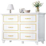 DWVO Farmhouse Wooden Dresser TV Stand with Power Outlet, 6-Drawer Dresser with Large Storage Drawers and Bar Handles, Ideal for Living Room, Hallway, 47.2" L x 15.7" W x 33.4" H - White & Walnut