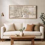 Framed Vintage Tree of Life Wall Art, Neutral Rustic Farmhouse Tree Canvas Painting Print Artwork for Walls, Gray White Beige Modern Abstract Forest Picture for Living Room Bedroom Office Wall Decor