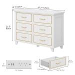 DWVO Farmhouse Wooden Dresser TV Stand with Power Outlet, 6-Drawer Dresser with Large Storage Drawers and Bar Handles, Ideal for Living Room, Hallway, 47.2" L x 15.7" W x 33.4" H - White & Walnut