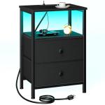 LOAKEKEL Nightstand with Charging Station, End Table with 2 Fabric Drawers, LED Night Stand for Bedroom, Small Bed Side Table with USB Ports and Outlets for Living Room, Black, HETS02BK-1