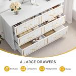 DWVO Farmhouse Wooden Dresser TV Stand with Power Outlet, 6-Drawer Dresser with Large Storage Drawers and Bar Handles, Ideal for Living Room, Hallway, 47.2" L x 15.7" W x 33.4" H - White & Walnut