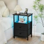 LOAKEKEL Nightstand with Charging Station, End Table with 2 Fabric Drawers, LED Night Stand for Bedroom, Small Bed Side Table with USB Ports and Outlets for Living Room, Black, HETS02BK-1