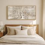 Framed Vintage Tree of Life Wall Art, Neutral Rustic Farmhouse Tree Canvas Painting Print Artwork for Walls, Gray White Beige Modern Abstract Forest Picture for Living Room Bedroom Office Wall Decor
